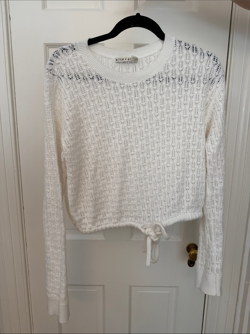 Alice + Olivia White Open-Knit Drawstring Hem Sweater